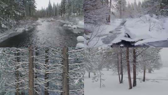 北国风光下雪雪花冬季森林河流雪景树林高清在线视频素材下载