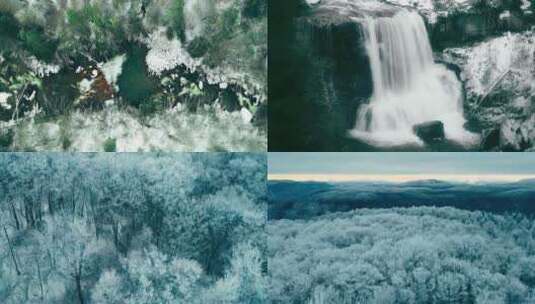 航拍冬季雪景森林河流瀑布树木雪挂高清在线视频素材下载