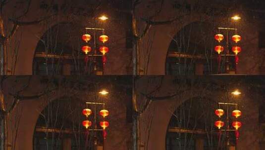 慢动作拍摄下雪街道上的路灯高清在线视频素材下载
