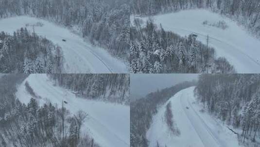 亚布力雪乡亚雪公路冬季风光航拍高清在线视频素材下载