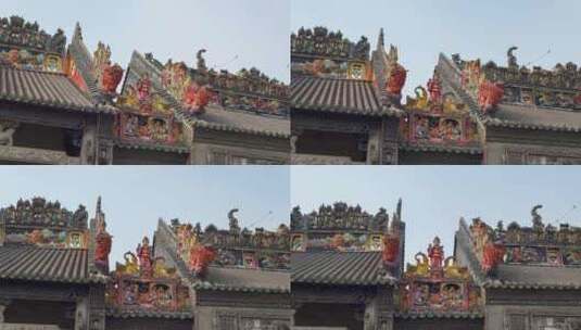 广州陈家祠屋顶泥雕大范围高清在线视频素材下载