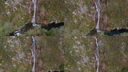 空中向后移动拍摄在Sor河瀑布的角度Aguas Caídas，Manon，高清在线视频素材下载