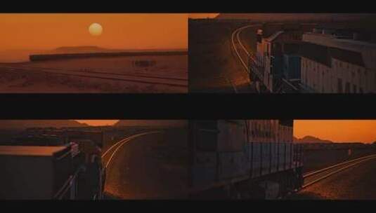 FPV无人机航拍火车行驶在沙漠中日出日落高清在线视频素材下载
