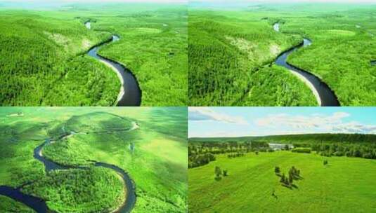 航拍绿色森林河流高清在线视频素材下载