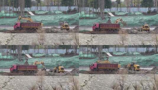 河道治理挖运输机掘机楼房建筑建筑工地高清在线视频素材下载