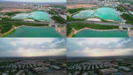 吐鲁番中央水景公园吐鲁番市区航拍高清在线视频素材下载