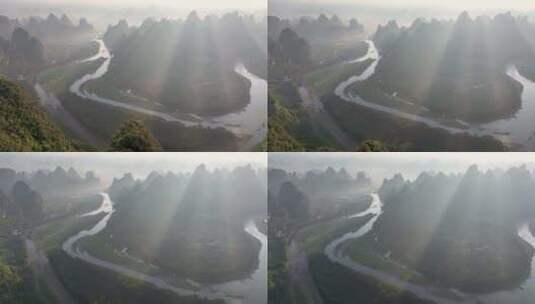 航拍桂林清晨晨雾缭绕清晨日出高清在线视频素材下载