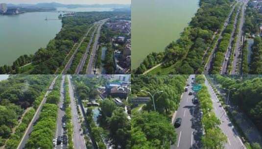 航拍无锡蠡湖大道 绿色城市交通 低碳出行高清在线视频素材下载