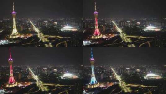 航拍河南郑州中原福塔夜景高清在线视频素材下载