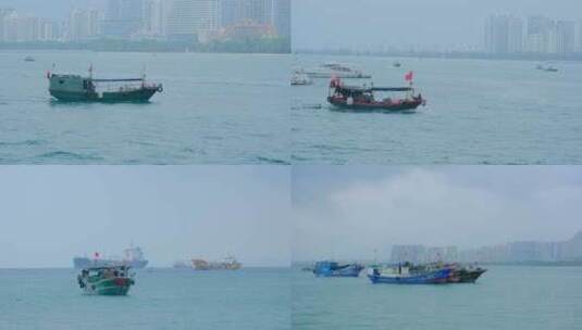阴天停在渔港海面上渔船 捕鱼捕捞高清在线视频素材下载