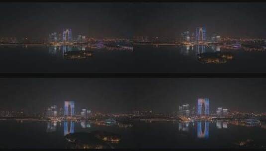 苏州金鸡湖东方之门夜景4K航拍高清在线视频素材下载