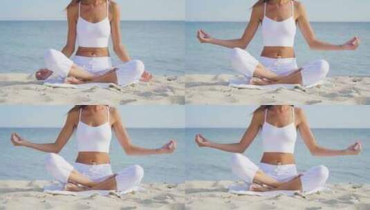 美丽的女人在海上做瑜伽，和谐与自由，海洋高清在线视频素材下载