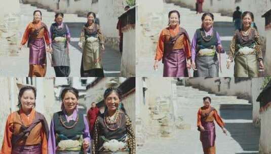 西藏藏族人民妇女行走微笑扎什伦布寺高清在线视频素材下载