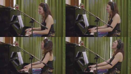 美丽的西方女人弹钢琴，动情歌唱高清在线视频素材下载