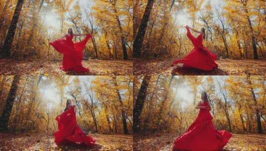 红裙的美女在秋天森林舞蹈意向高清在线视频素材下载