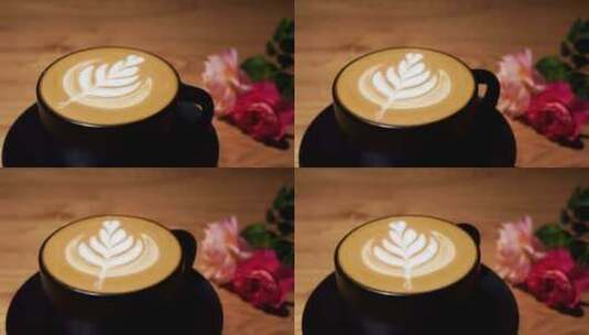 郁金香图案拉花的咖啡，咖啡的拉花艺术高清在线视频素材下载