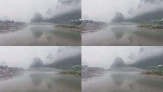航拍广西桂林烟雨漓江水墨画高清在线视频素材下载