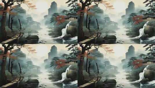 中式彩色水墨山水视频高清在线视频素材下载