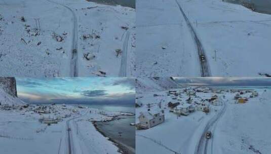 挪威罗弗敦群岛北极圈雷纳冬季雪景高空航拍高清在线视频素材下载