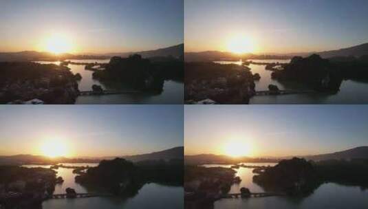 夕阳下的肇庆星湖七星山航拍高清在线视频素材下载
