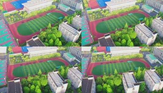杭州滨江城市校园操场建筑风景航拍高清在线视频素材下载