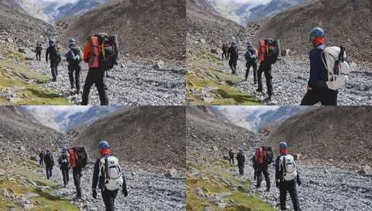 攀登四川雪宝顶的登山者徒步进山高清在线视频素材下载