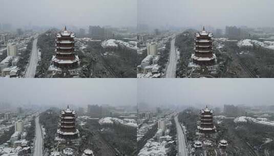 武汉武昌区黄鹤楼雪景航拍高清在线视频素材下载