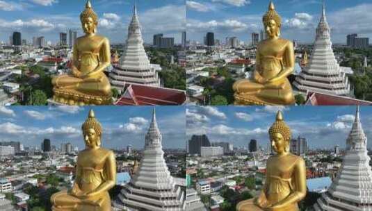 泰国曼谷水门寺大佛像城市地标建筑航拍风景高清在线视频素材下载