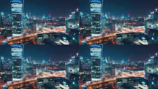 华沙商业中心夜景空中超翻转：摩天大楼与科高清在线视频素材下载