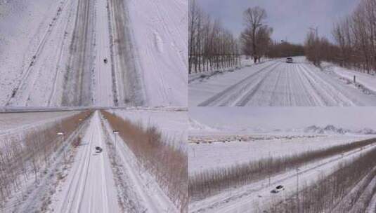 汽车行驶在冰天雪地航拍雪景公路高清在线视频素材下载