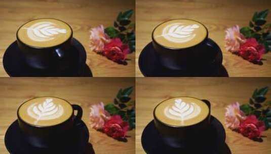 郁金香图案拉花的咖啡，咖啡的拉花艺术高清在线视频素材下载