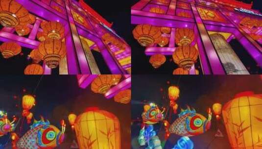新年灯会城门锦鲤造型彩灯高清在线视频素材下载