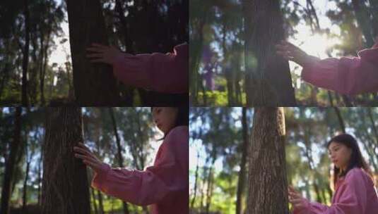 阳光下美女手抚摸树亲近自然感受大自然美好高清在线视频素材下载