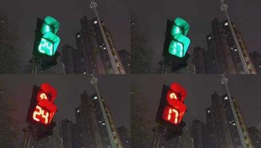 寒冷风雪夜晚下的红绿灯 夜晚红绿灯交通岗高清在线视频素材下载