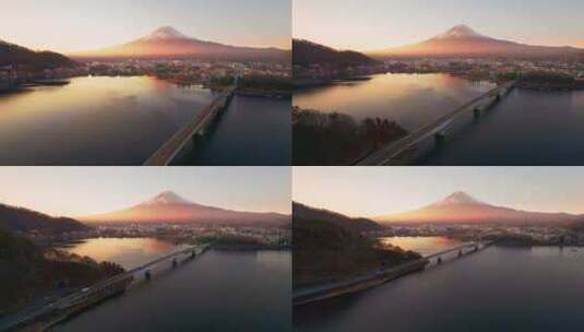 晨雾中的日本富士山雪山日出航拍高清在线视频素材下载