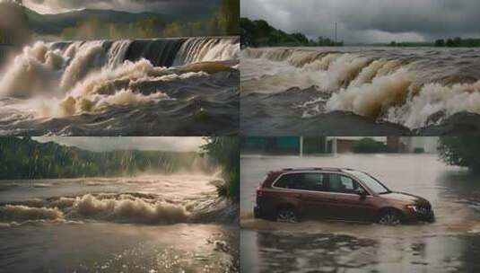 自然灾害洪水水坝泄洪城市内涝高清在线视频素材下载