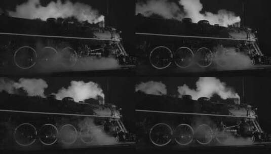 铁路机车在夜晚蒸汽B&W高清在线视频素材下载