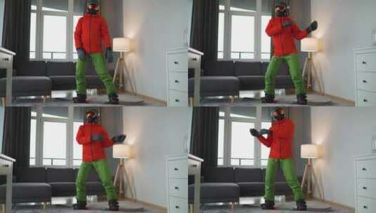 男人在家练习滑雪高清在线视频素材下载