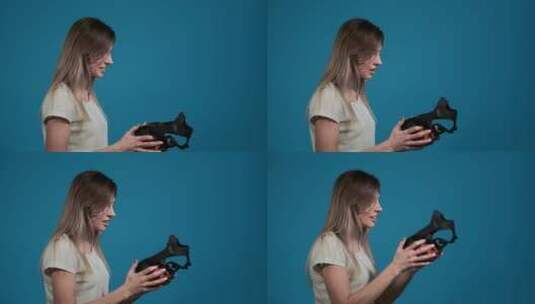 惊讶的女人看虚拟现实耳机高清在线视频素材下载