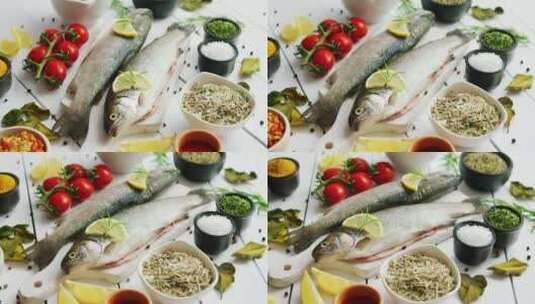 鱼周围的香料和西红柿高清在线视频素材下载