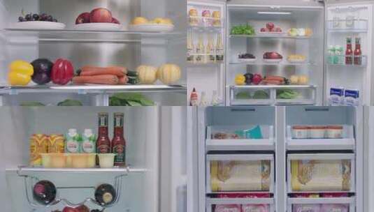 打开各种型号冰箱展示里面的食材高清在线视频素材下载