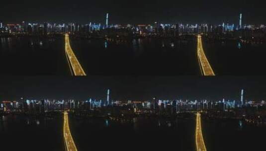 航拍湖北武汉沙湖大桥夜景高清在线视频素材下载