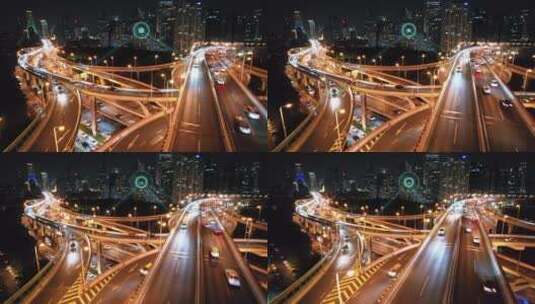 航拍未来智慧城市和高架道路智慧交通夜景高清在线视频素材下载