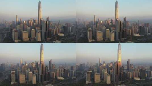 深圳福田cbd高楼大厦夕阳余晖下大景右环绕高清在线视频素材下载