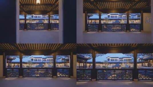 夜晚中式合院江南园林别墅院子景观高清在线视频素材下载