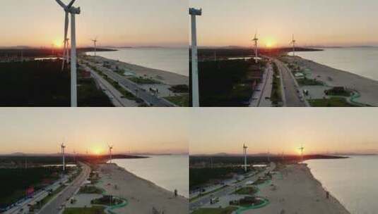 航拍风车海滩夕阳高清在线视频素材下载
