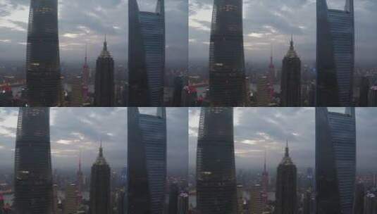 上海城市外滩东方明珠塔傍晚阴天4k航拍镜头高清在线视频素材下载