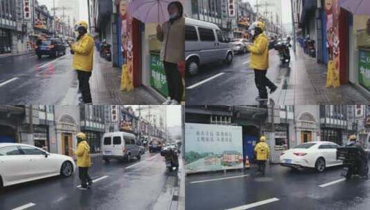 下雨天辛苦的美团外卖员走过马路坚守岗位高清在线视频素材下载