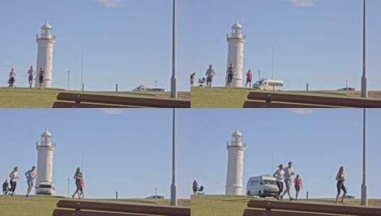 澳大利亚卧龙岗唯美海湾灯塔风景小路长椅高清在线视频素材下载