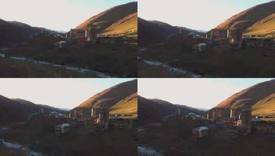 山脚下村庄的景色高清在线视频素材下载